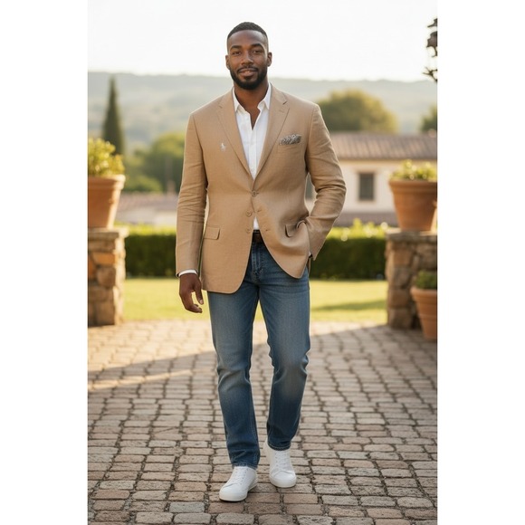 Giovanno Collezione Unom 100% Linen Blazer 48L 3 Button 2 Vent Pony Logo Jacket - Picture 11 of 12